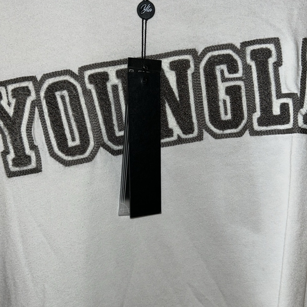 YOUNGLA Men’s medium t-shirt white thick with 3-D logo across front